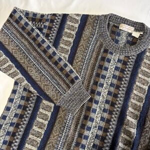 Norm Thompson Knit Sweater XL Blue Grey Geometric Made in Italy Crewneck